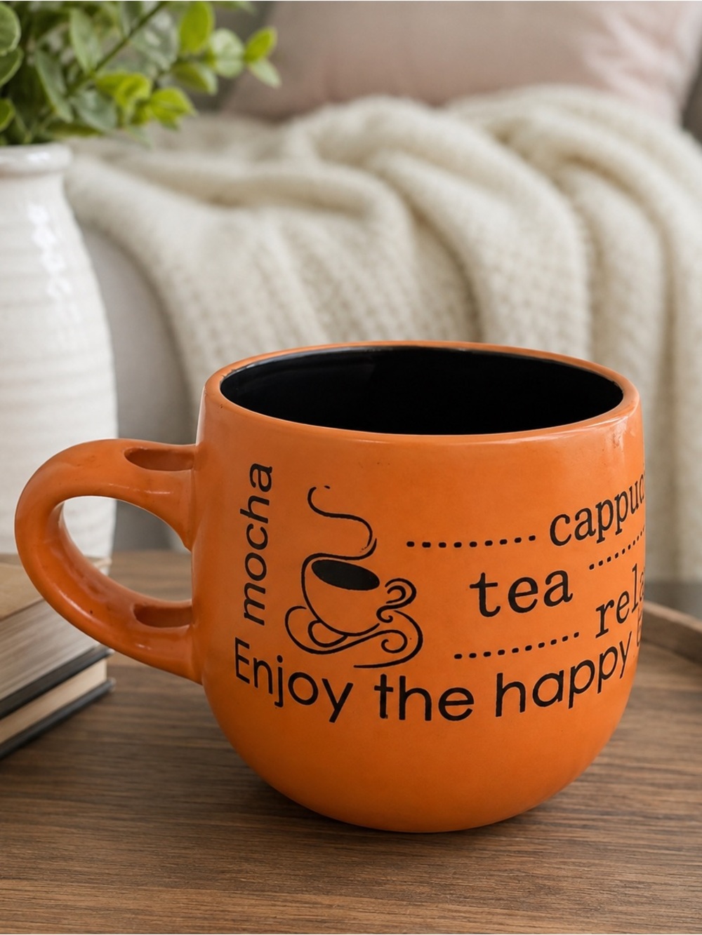 Orange Studio Pottery Style Coffee Mug 12 oz Black Typography Ceramic Unique